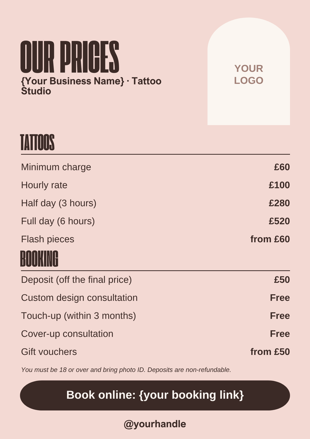 Tattoo price list template, bold blush A4 style