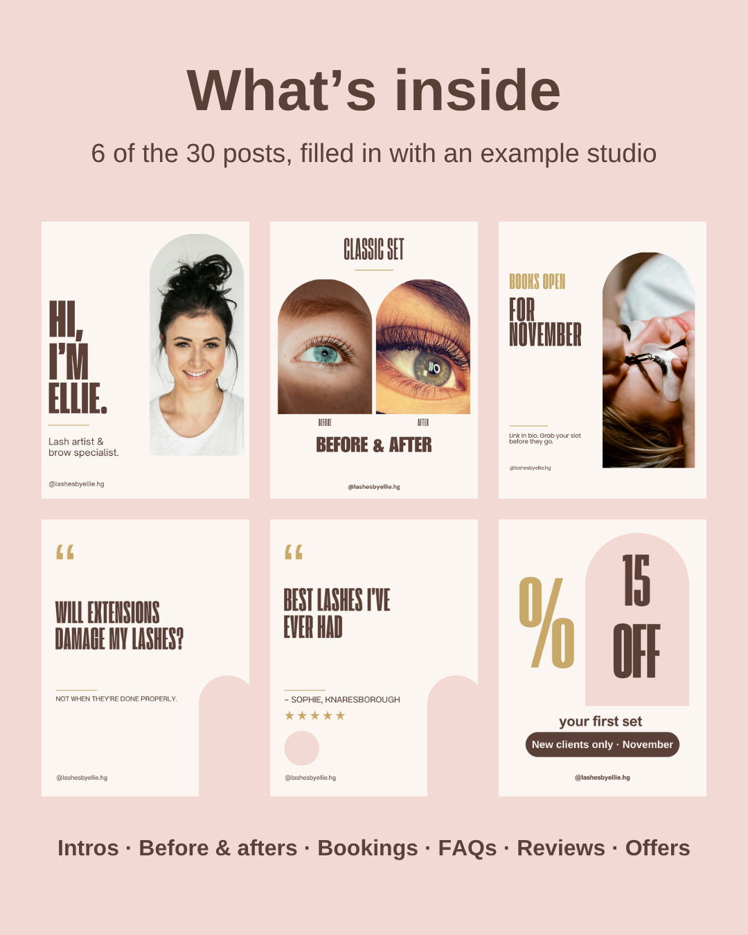 What's inside the Lash & Brow pack: intro, before and after, booking, FAQ, review and offer posts filled in with an example studio