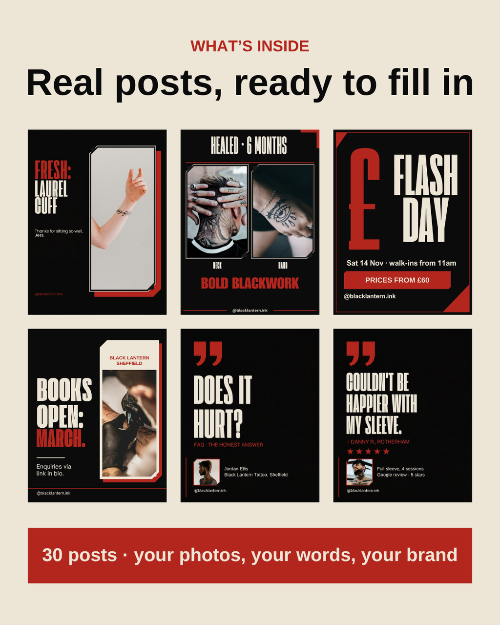 What's inside the Tattoo Artist Instagram pack: six example posts