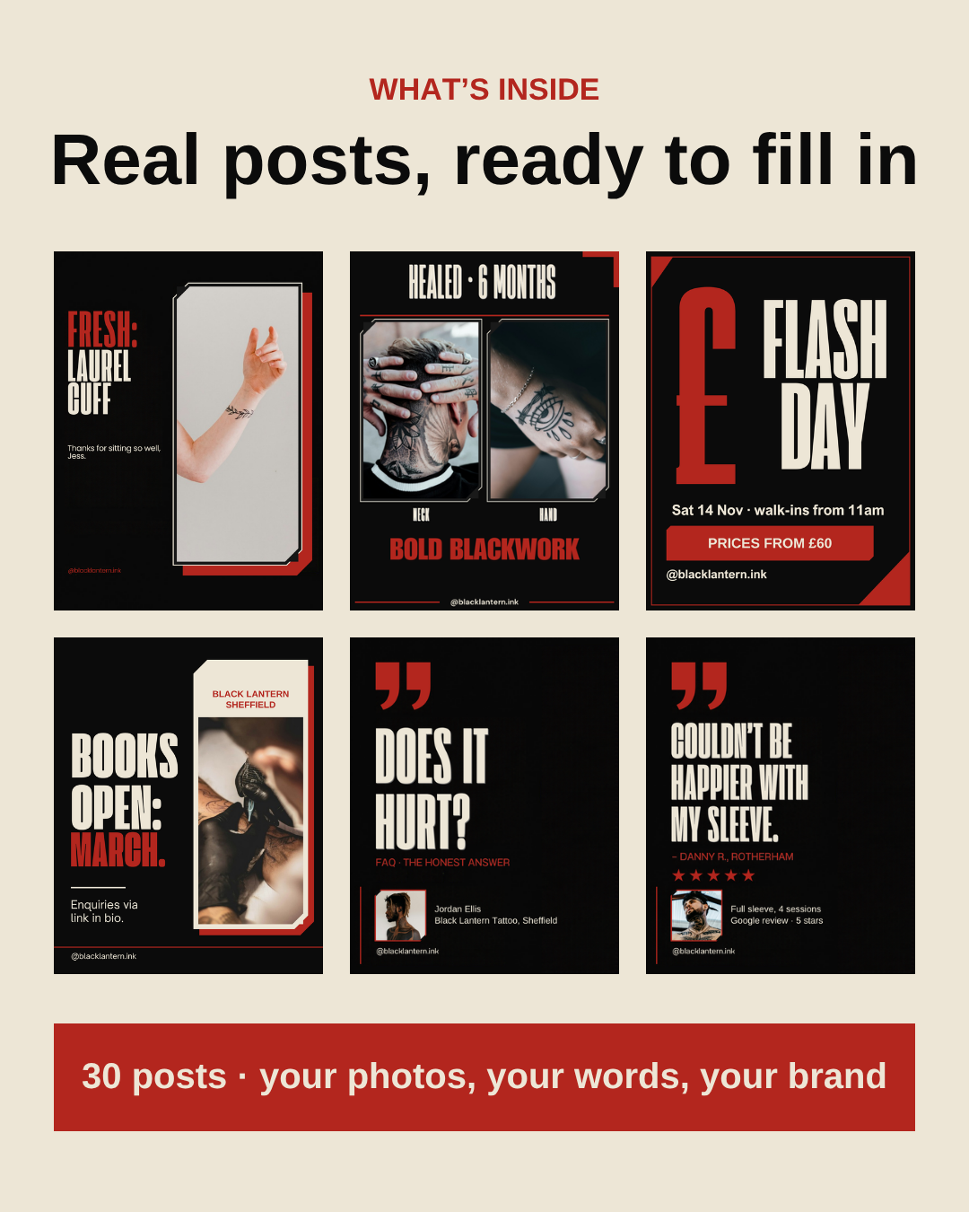 What's inside the Tattoo Artist Instagram pack: six example posts