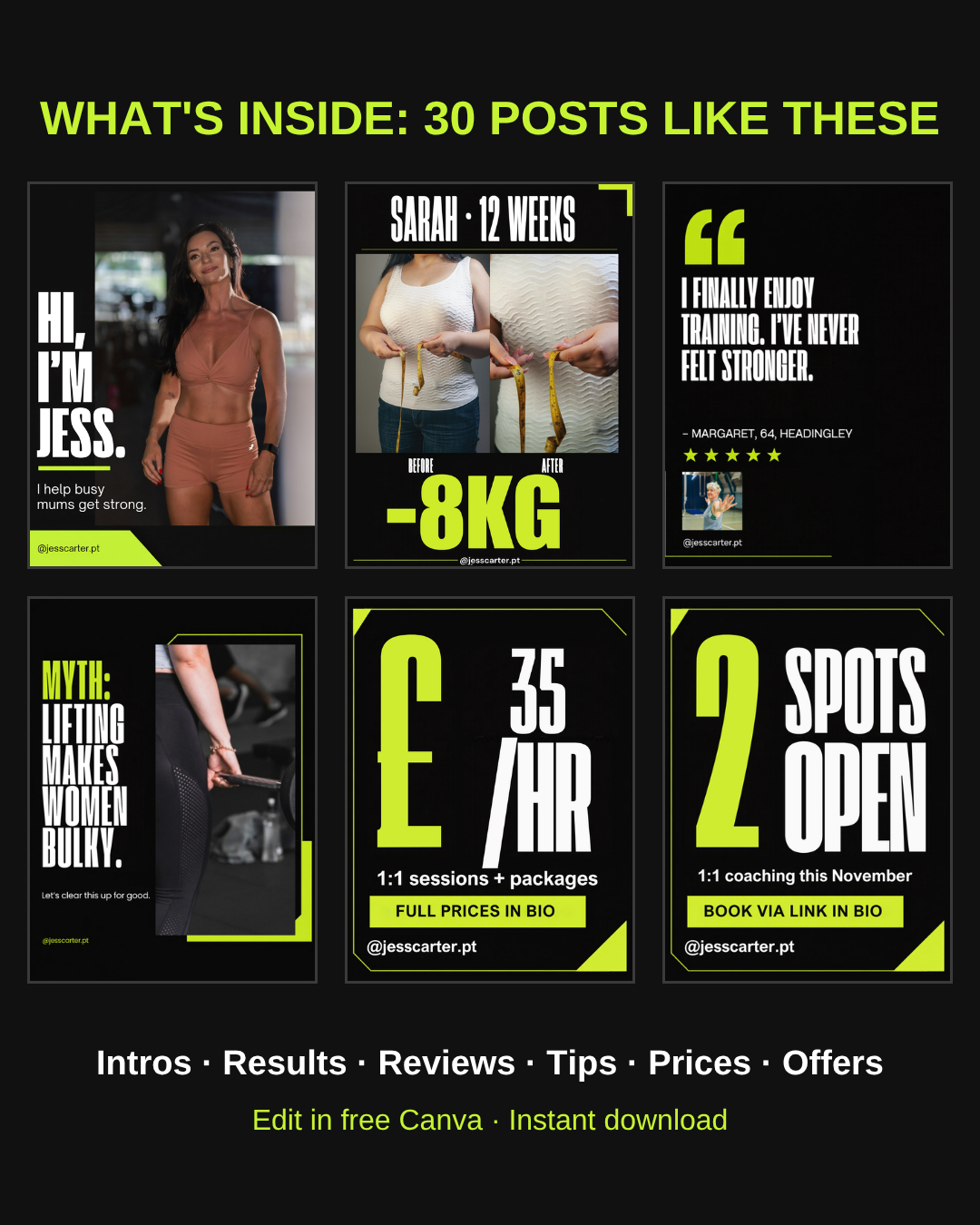 What's inside: six example personal trainer posts - intro, client results, review, myth-buster, prices and offer