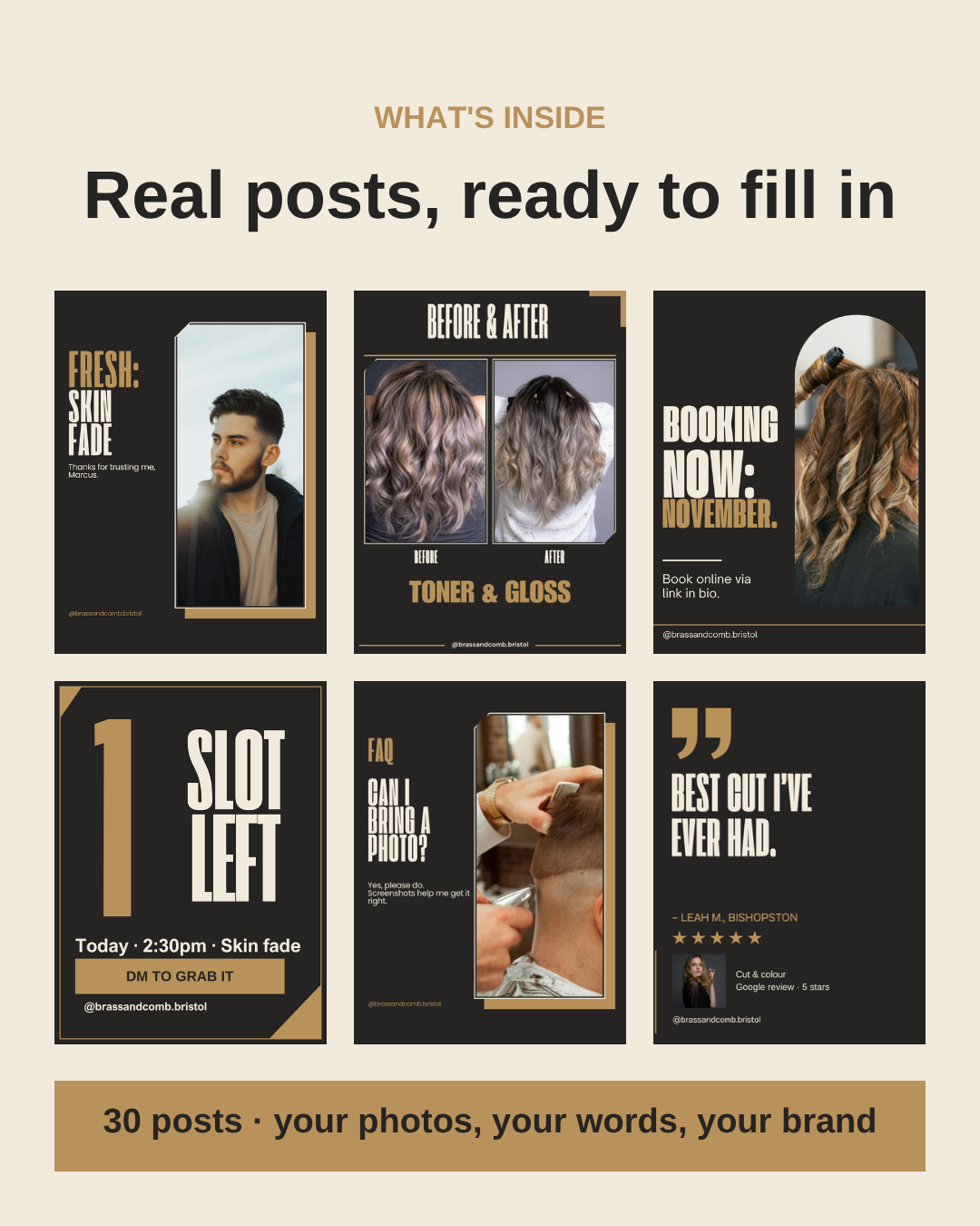 What's inside: six example posts from the Hairdresser & Barber Pack