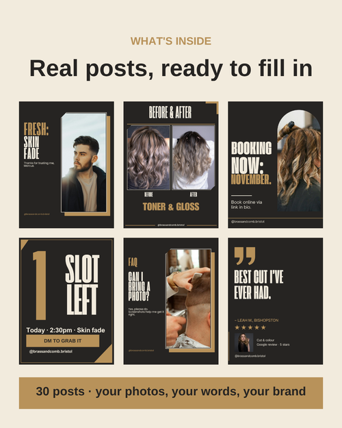 What's inside: six example posts from the Hairdresser & Barber Pack