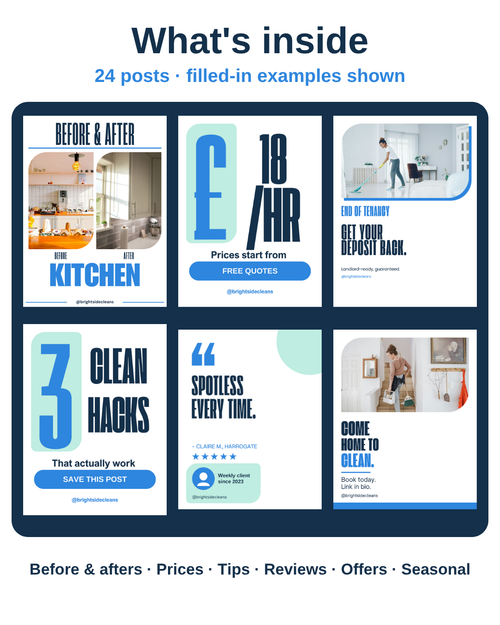 What's inside the Cleaning Business pack: six filled-in example posts including before and after, prices, tips and reviews