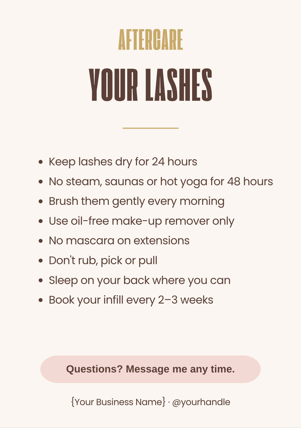 Lash extension aftercare card template, A6