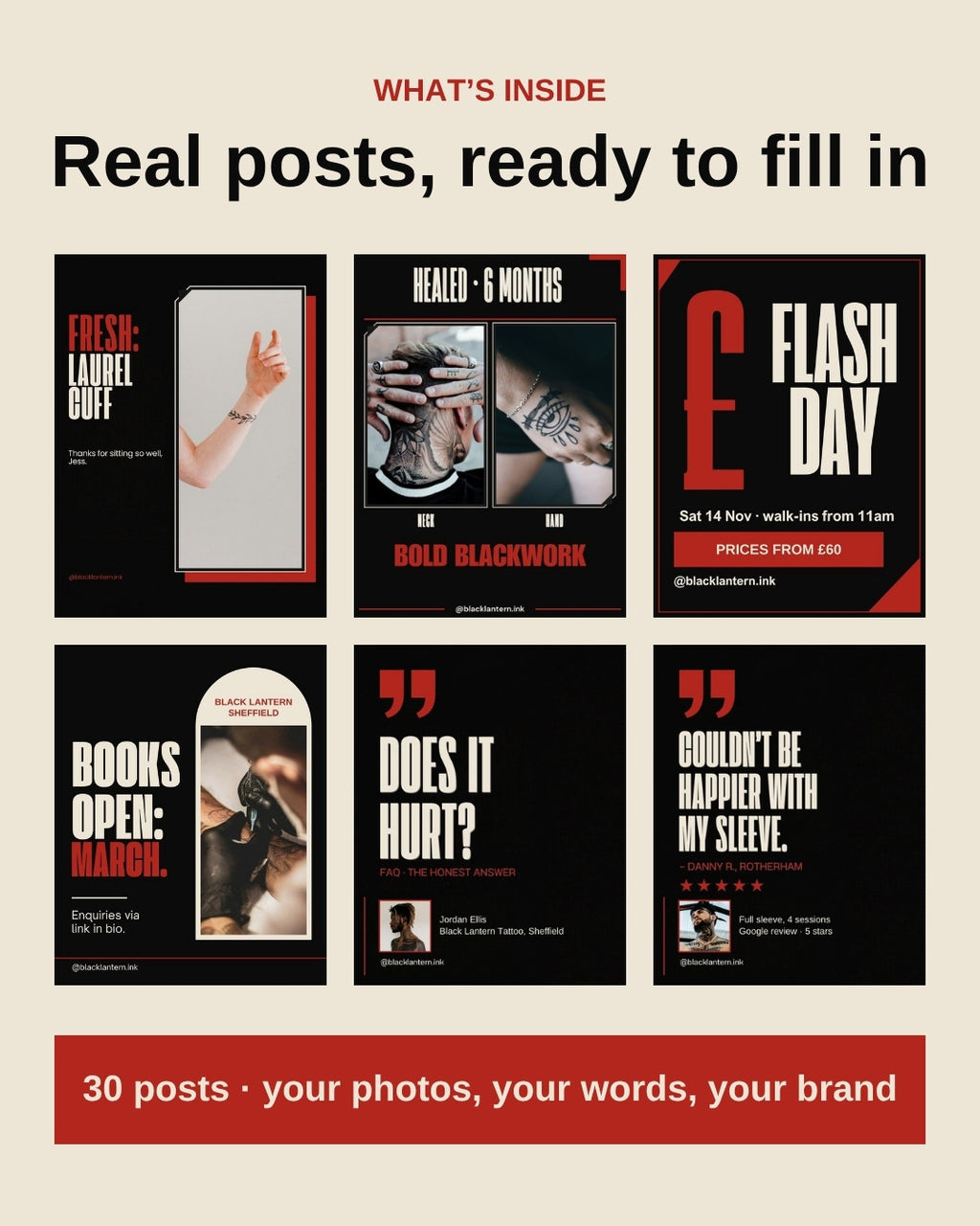What's inside the Tattoo Artist pack: six finished example posts in a grid, including fresh work, healed work, flash day, books open, FAQ and client review