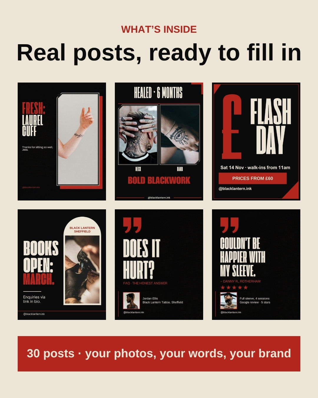 What's inside the Tattoo Artist pack: six finished example posts in a grid, including fresh work, healed work, flash day, books open, FAQ and client review