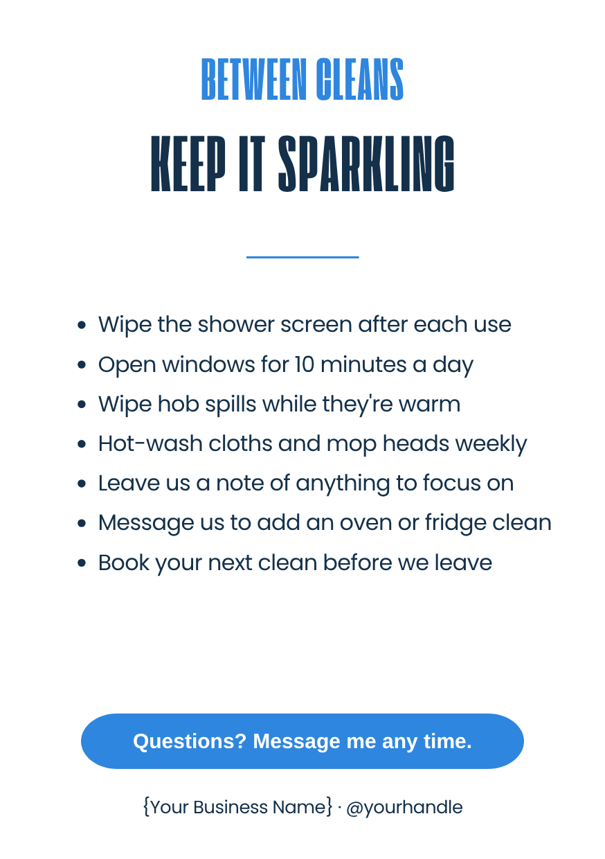 Cleaning tips card template to leave between cleans