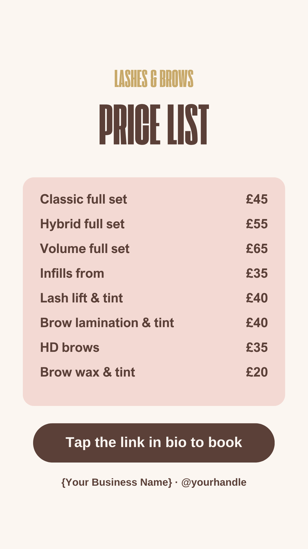 Lash and brow price list Instagram Story template