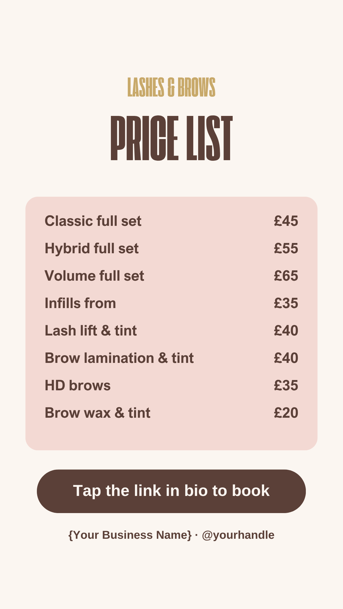 Lash and brow price list Instagram Story template