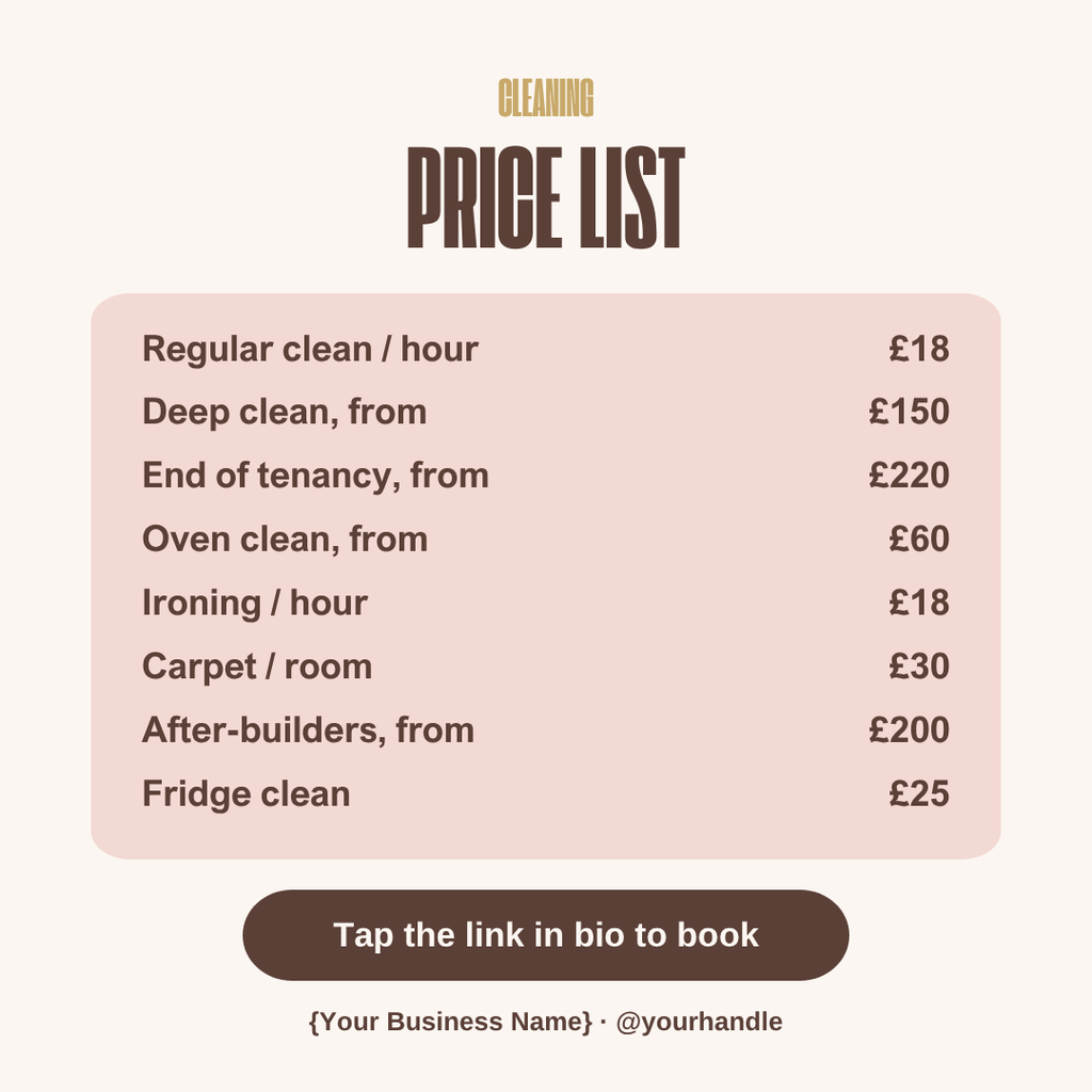 Square cleaning price list image for booking pages