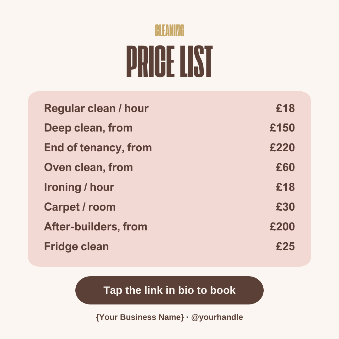 Square cleaning price list image for booking pages