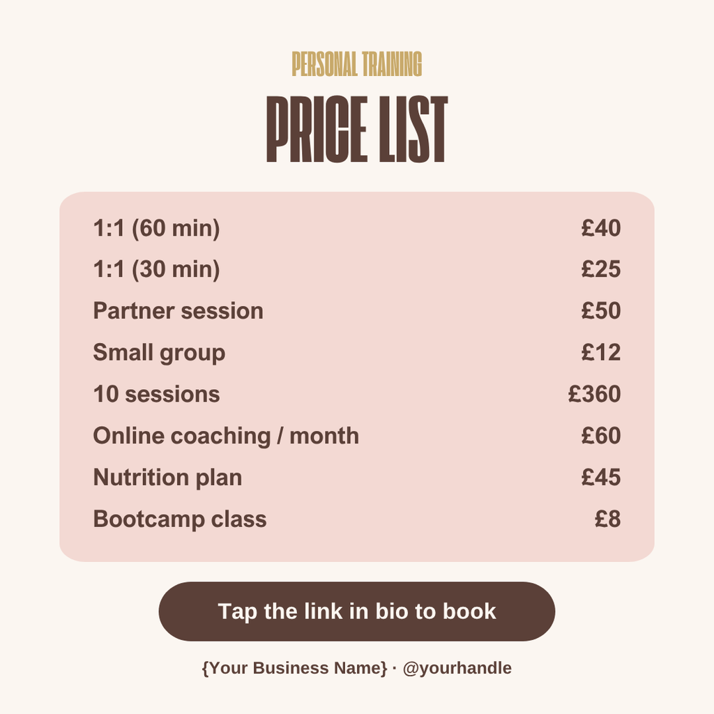 Personal trainer square price menu image template