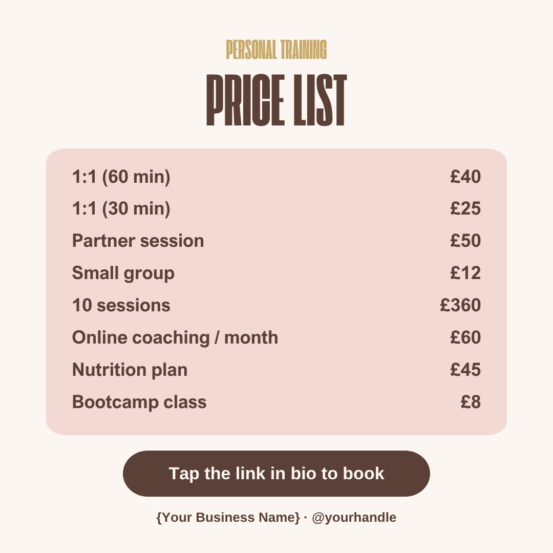 Personal trainer square price menu image template