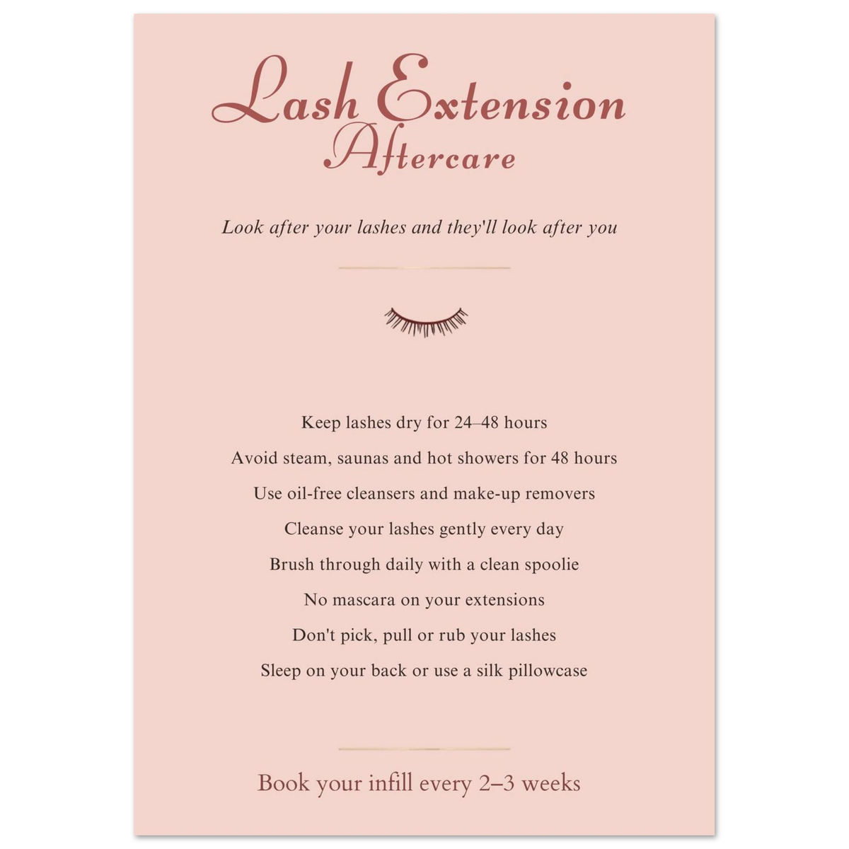 Lash extension aftercare poster artwork, A3