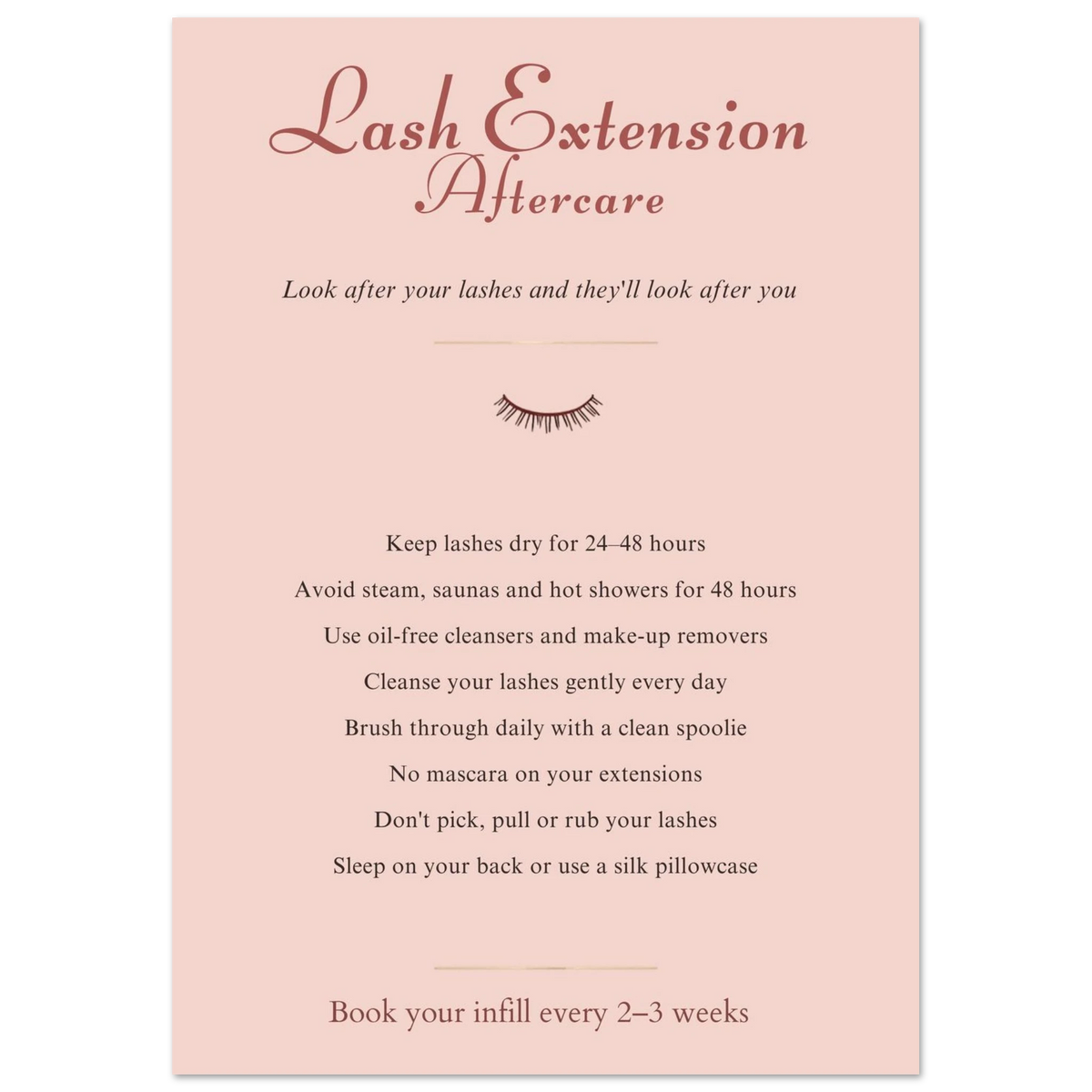 Lash extension aftercare poster artwork, A4