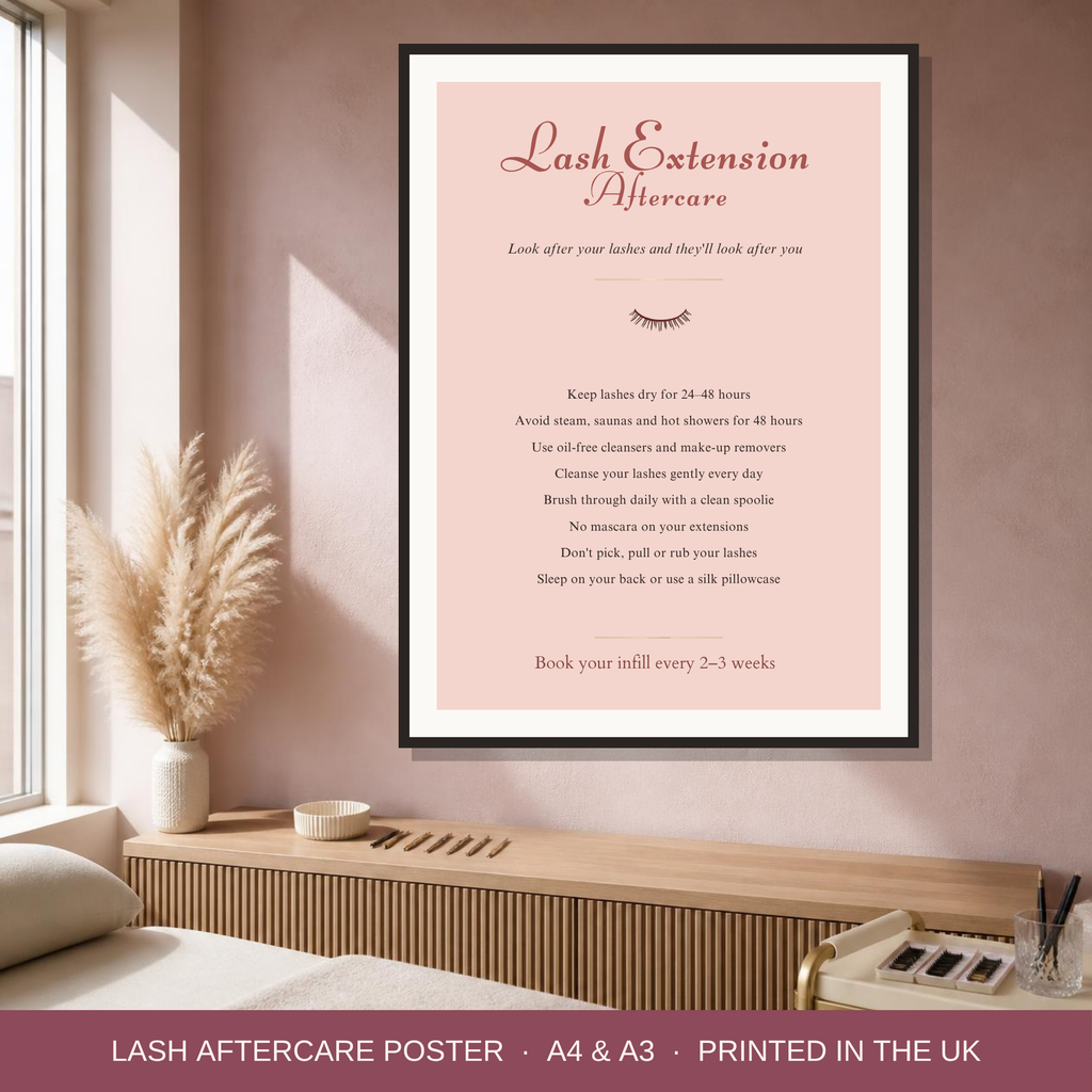 Lash extension aftercare poster framed in a lash room