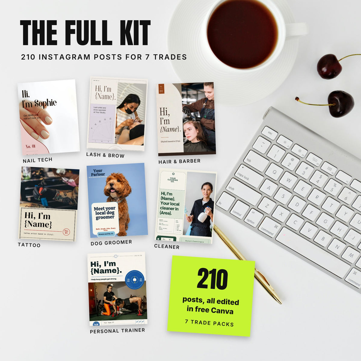 The Full Kit: 210 Instagram posts for 7 trades, printed posts on a desk