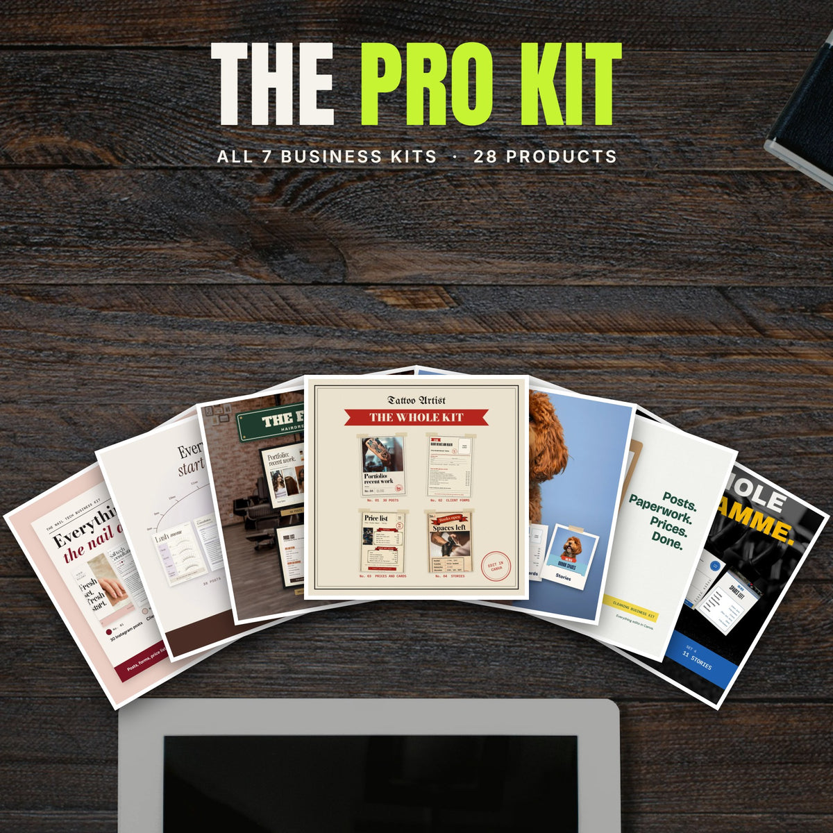 The Pro Kit: all 7 Business Kits fanned out on a desk