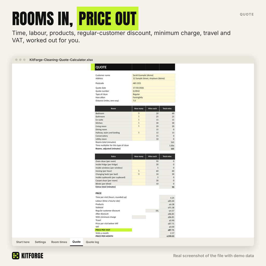 Quote sheet working out time and price