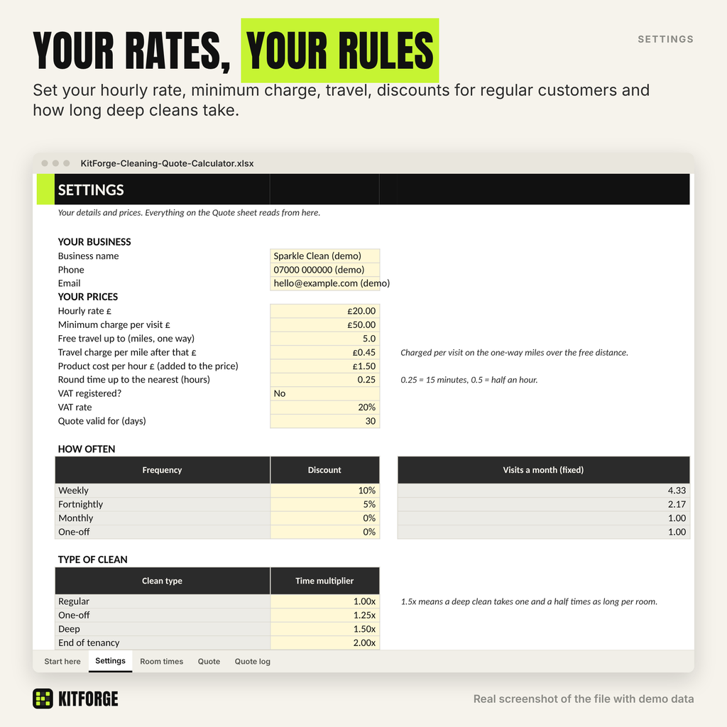 Settings sheet with rates and discounts