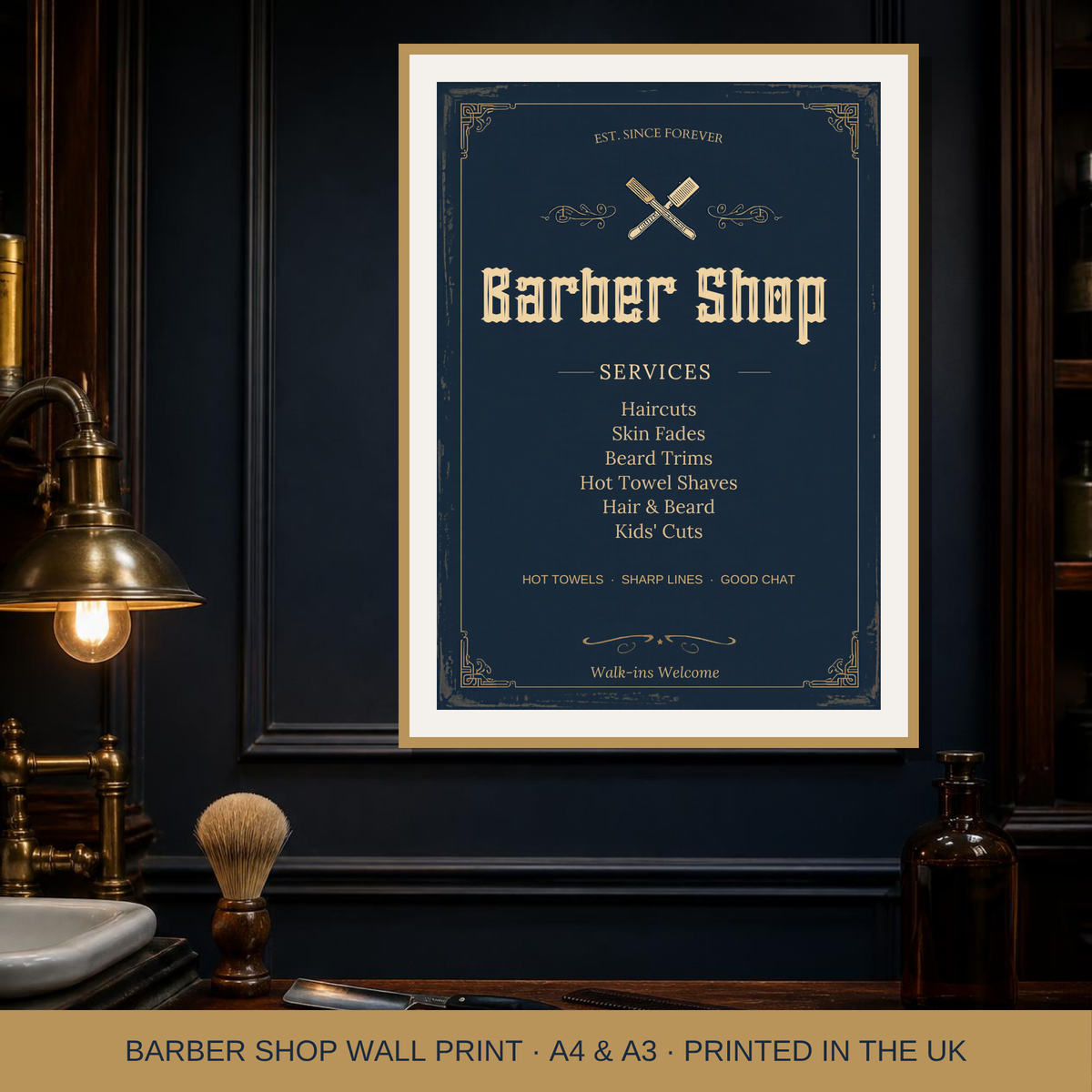 Vintage barbershop wall print framed in a barber shop