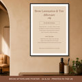 Brow lamination and tint aftercare poster framed in a brow bar