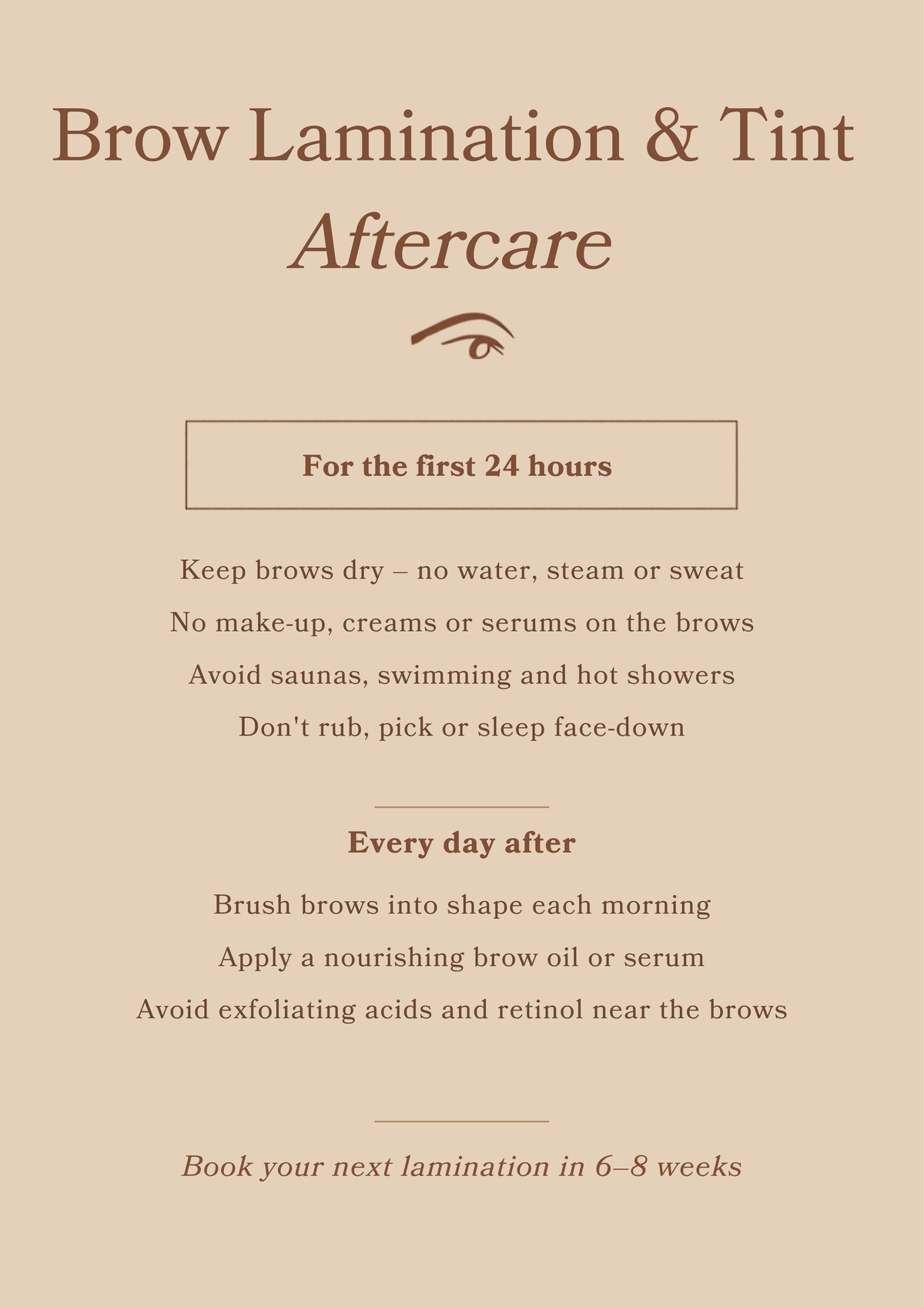 Brow lamination and tint aftercare poster artwork