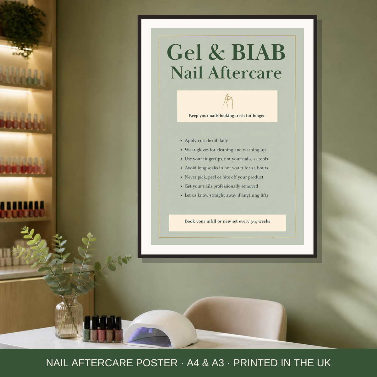 Gel and BIAB nail aftercare poster framed in a nail salon