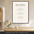 Salon policy sign framed at a salon reception