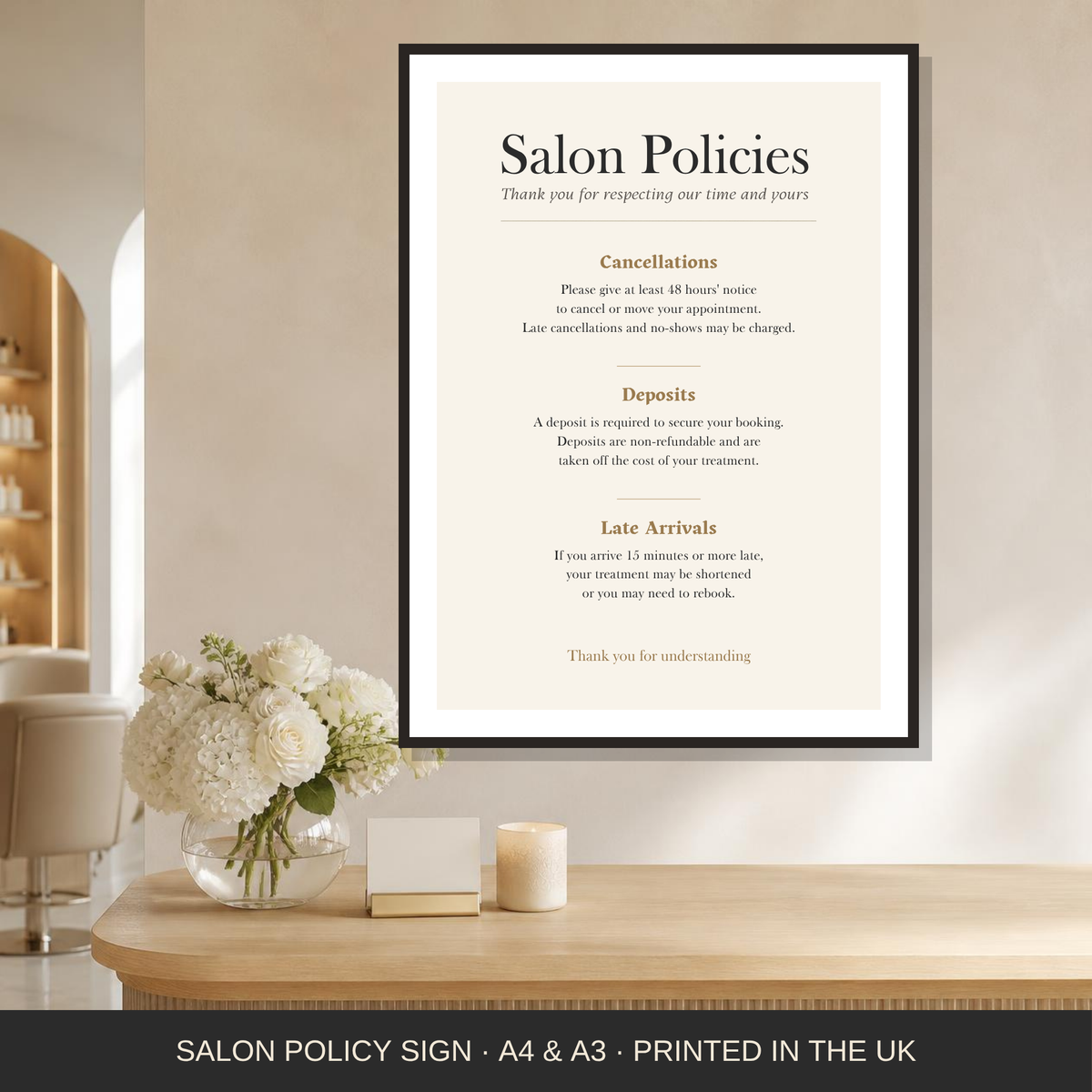 Salon policy sign framed at a salon reception