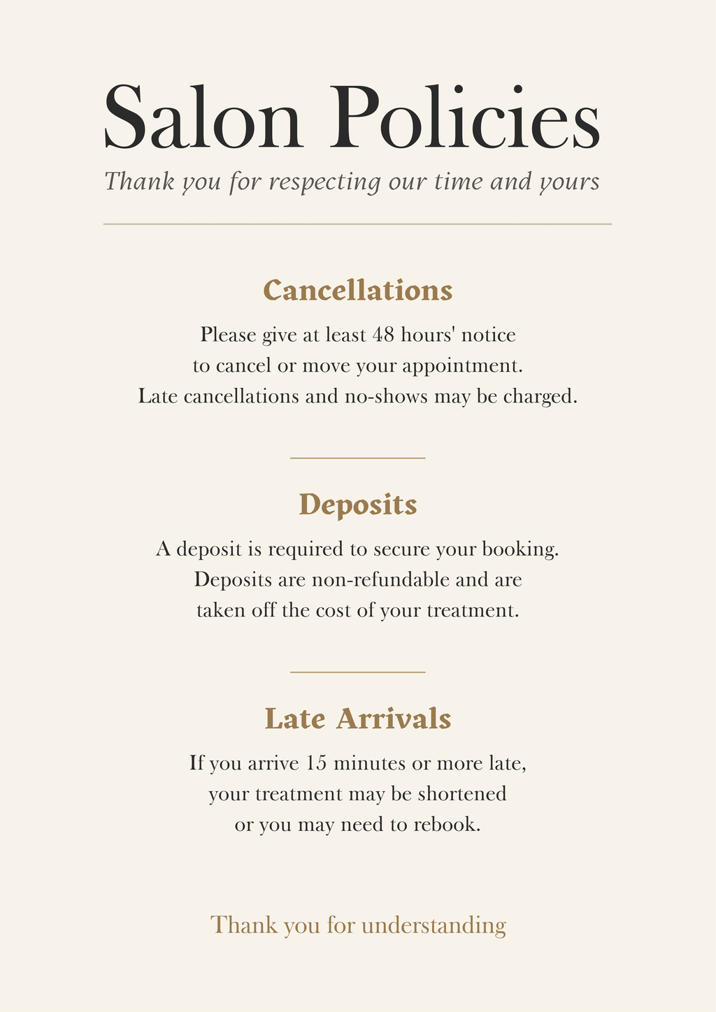 Salon cancellation, deposit and late arrival policy sign artwork
