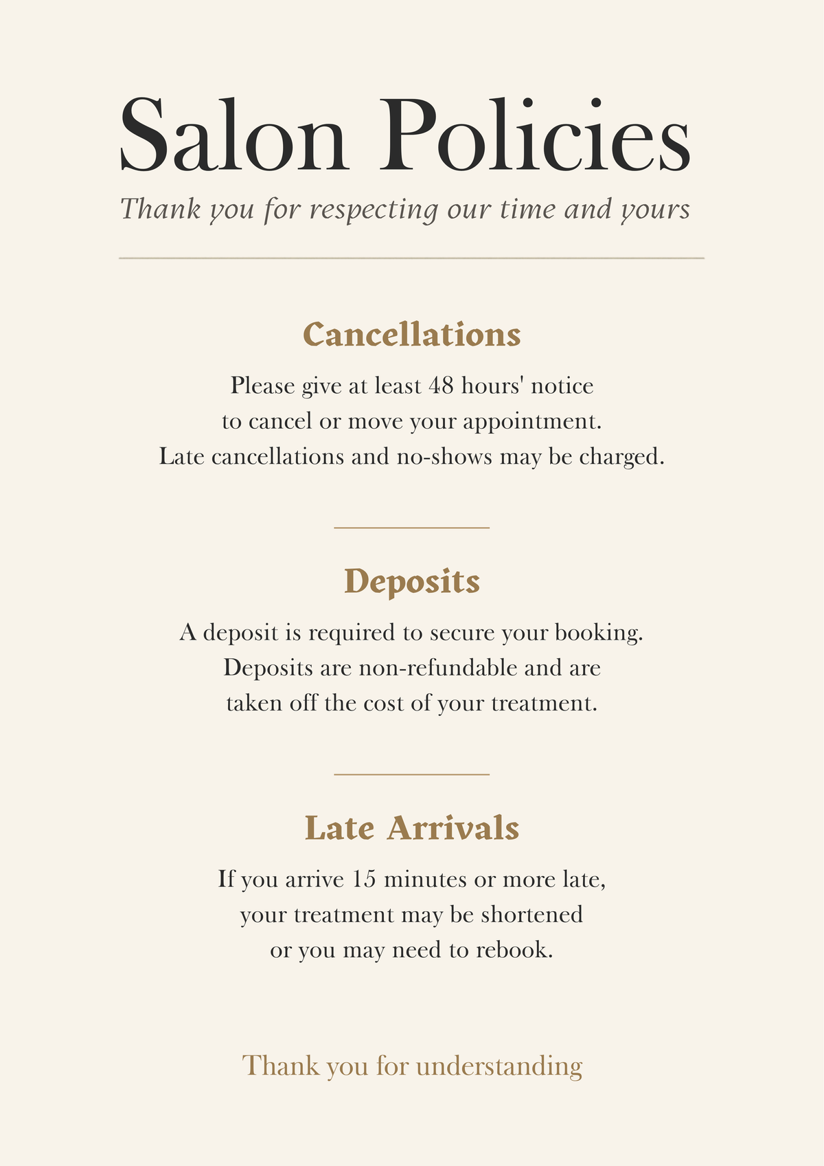 Salon cancellation, deposit and late arrival policy sign artwork