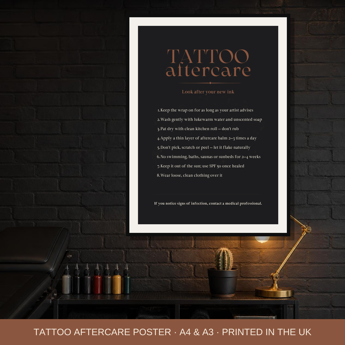 Tattoo aftercare poster framed in a tattoo studio