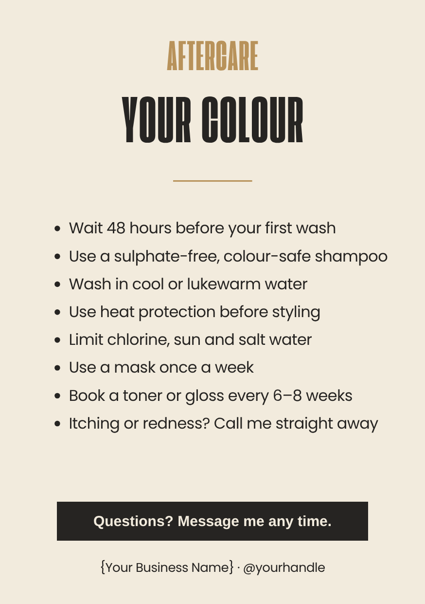 Hair colour aftercare card template