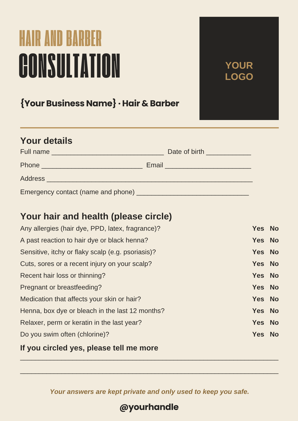Hair and barber consultation form template