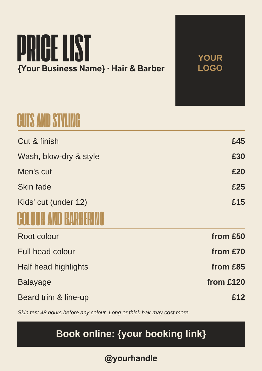 Hair and barber price list template