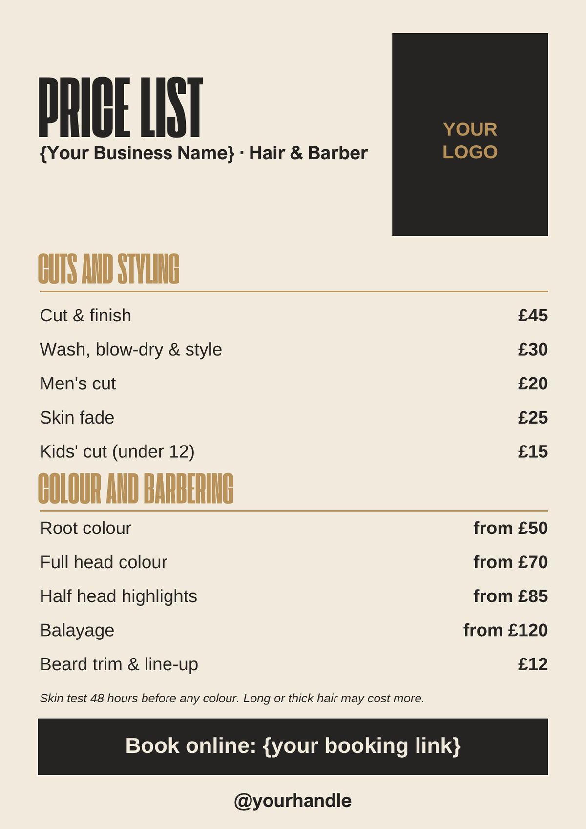 Hair and barber price list template
