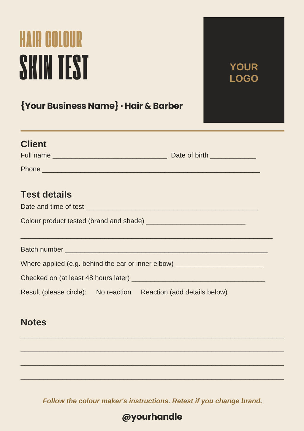 Hair colour skin test record template
