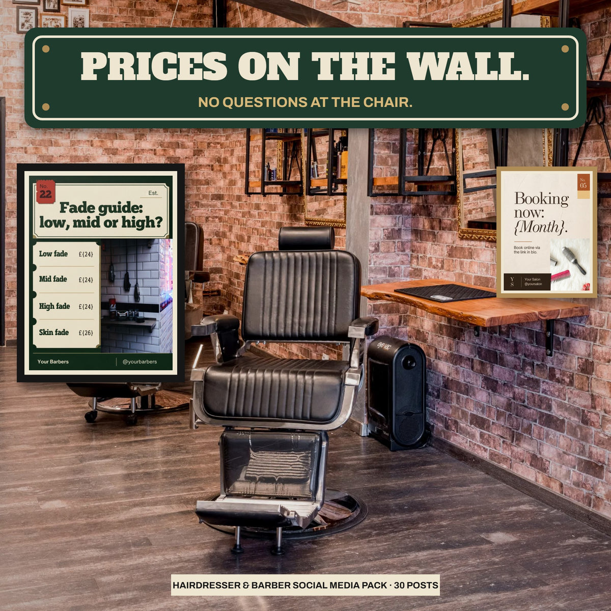 Barbershop with framed price list templates on the brick wall