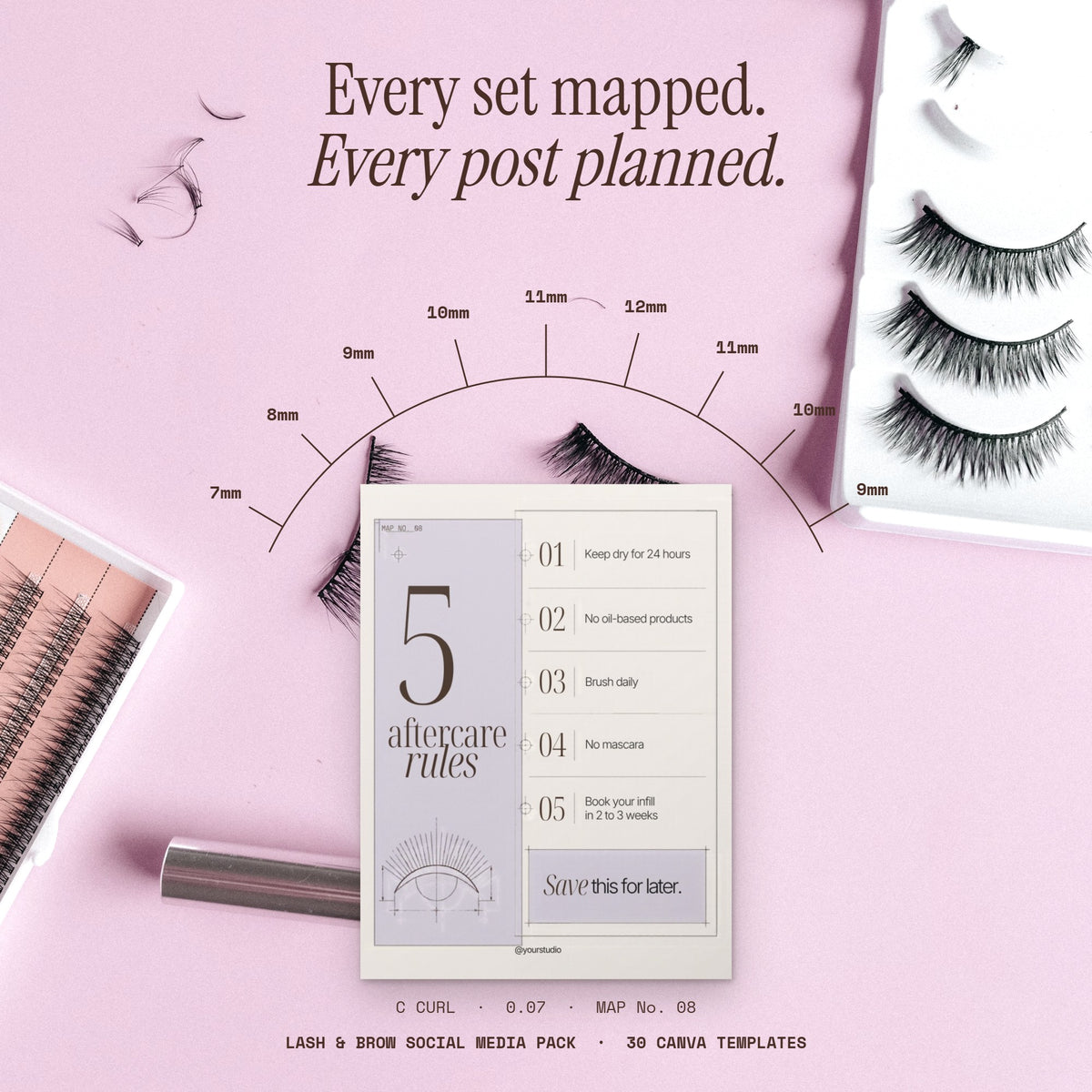 Lash and brow aftercare template on a lash flat lay with a fine-line lash map