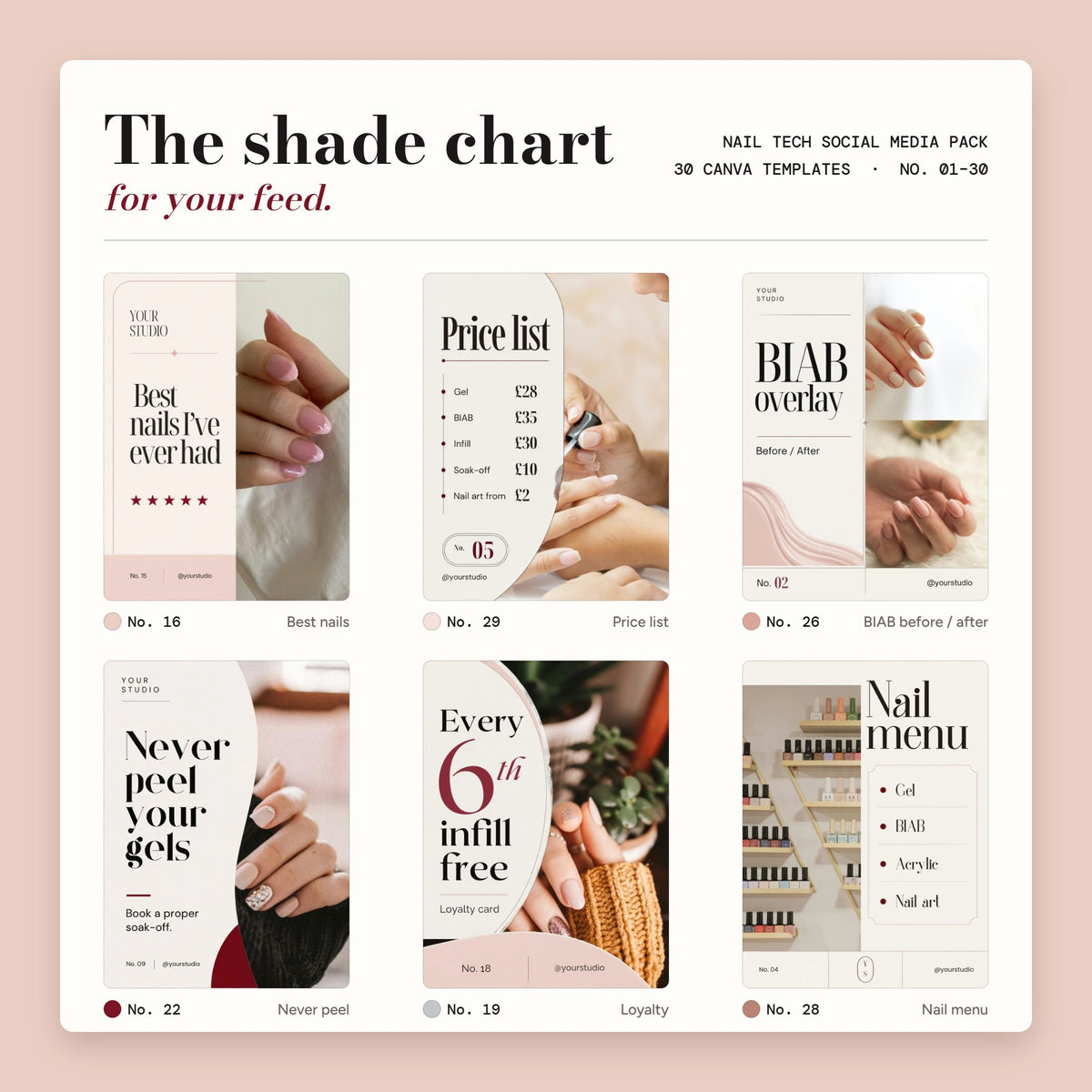 Nail tech social media pack laid out like a polish shade chart