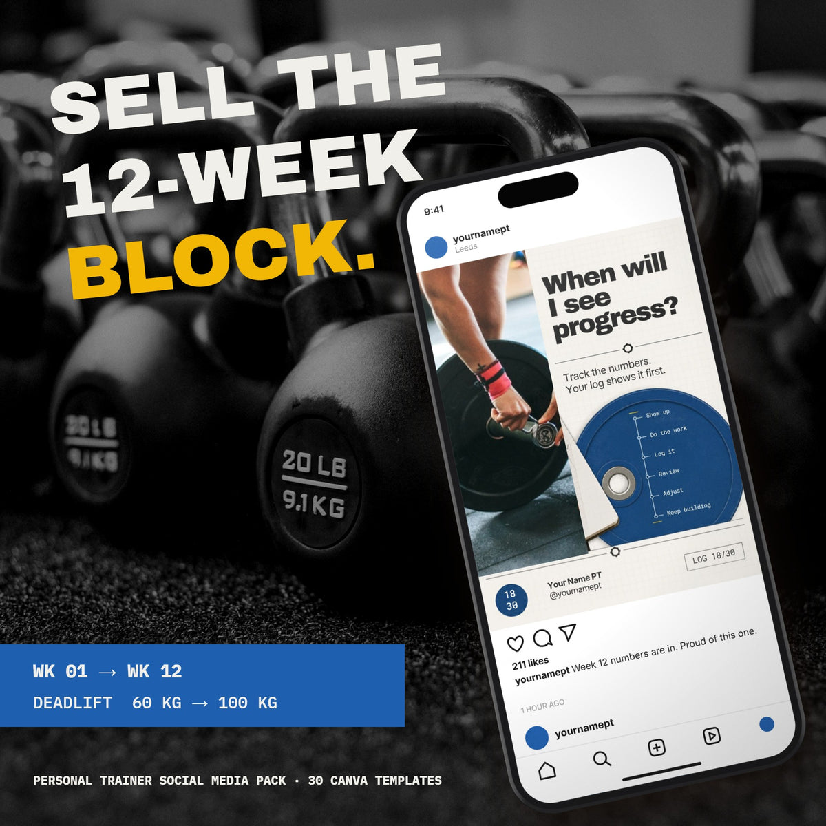 Personal trainer post template on a phone over a dark kettlebell rack