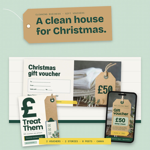 Cleaning business Christmas gift voucher templates on a kraft laundry tag and linen