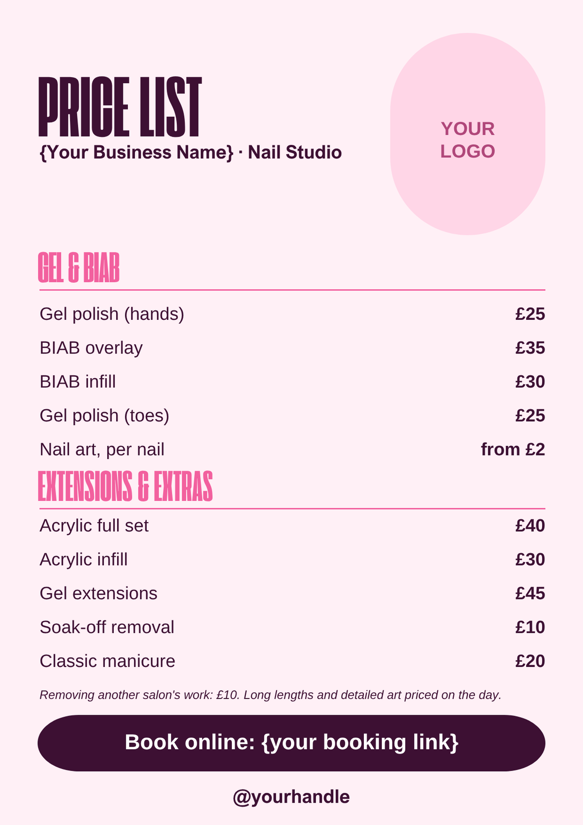 Editable nail tech price list template, A4