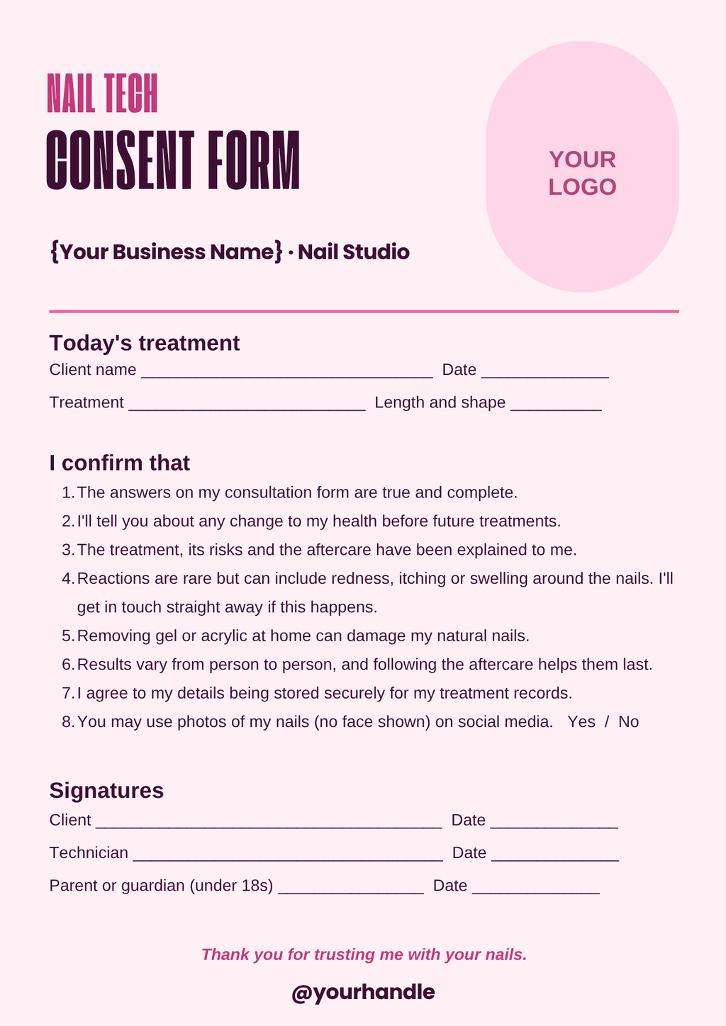 Nail treatment consent form template, A4