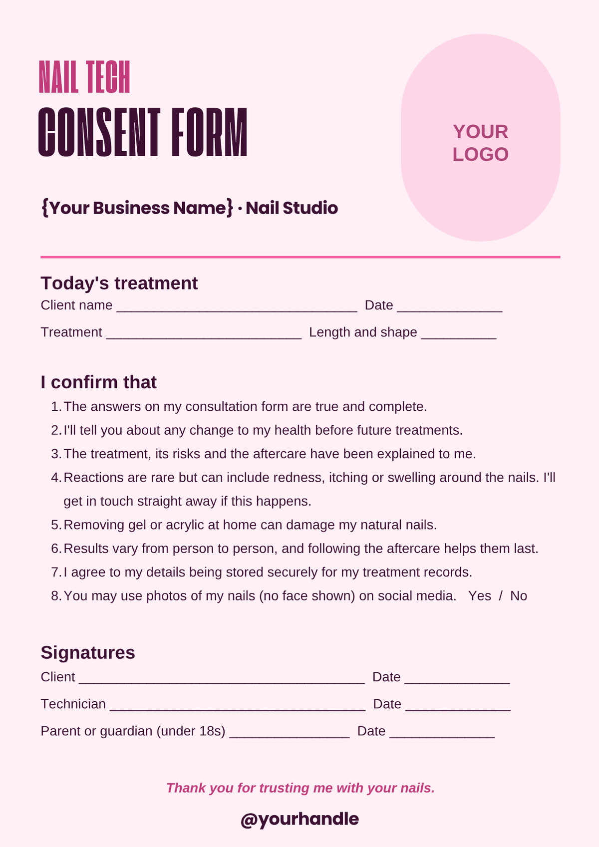 Nail treatment consent form template, A4