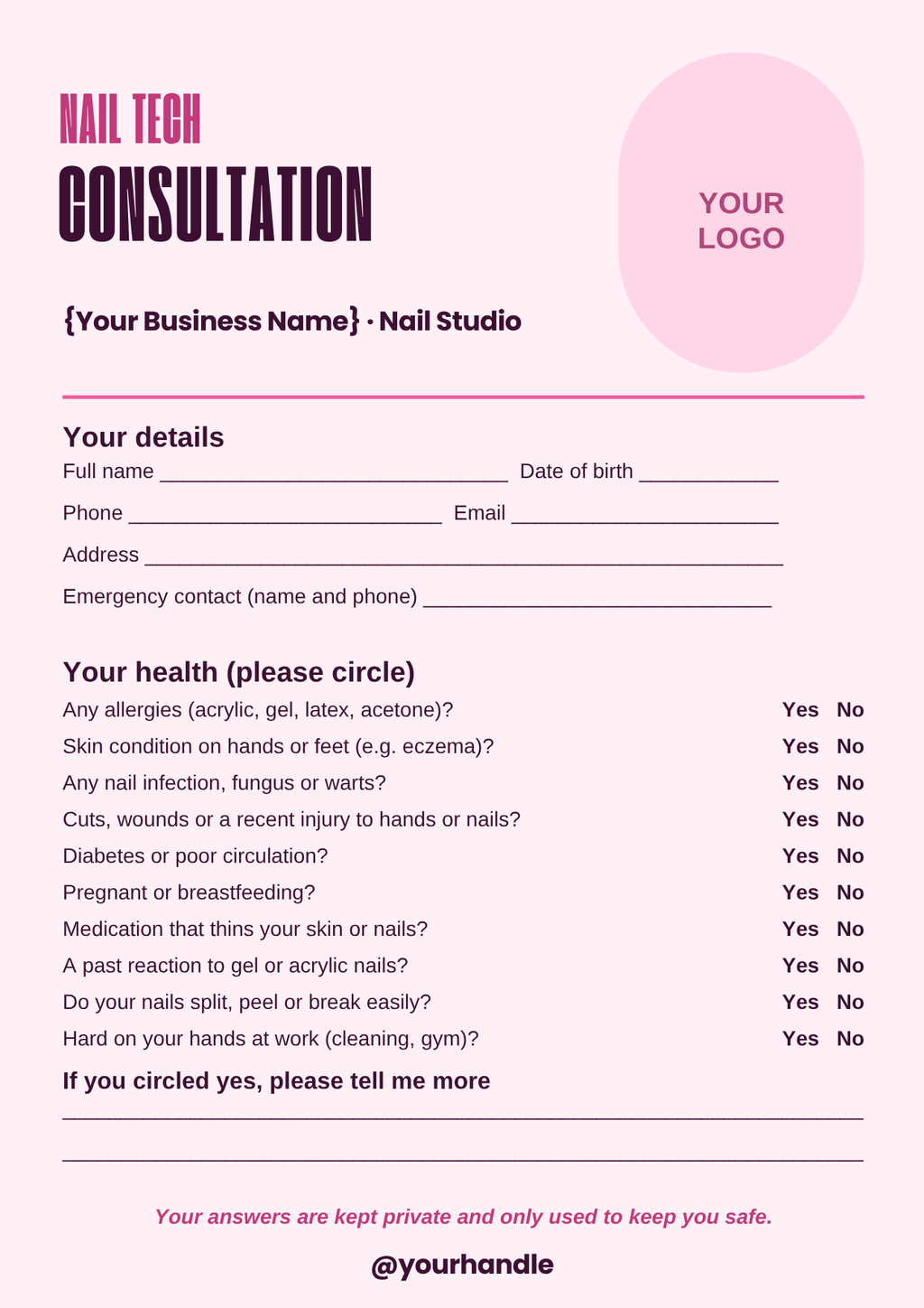 Nail tech client consultation form template, A4