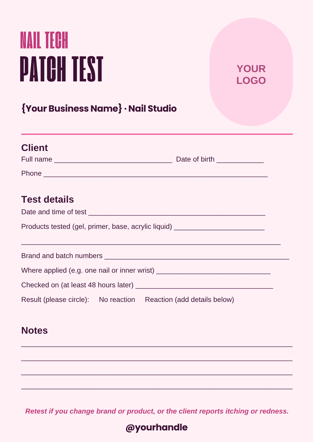 Gel and acrylic patch test record template for nail techs