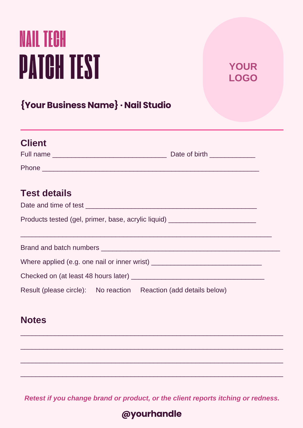 Gel and acrylic patch test record template for nail techs